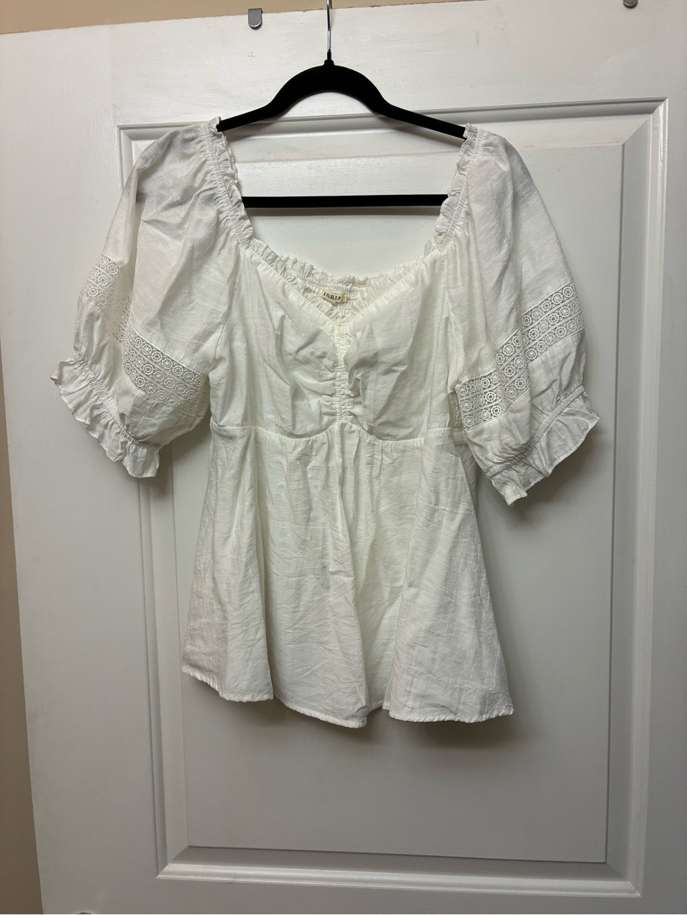 JODIFL White Peasant Blouse with Eyelet Sleeve Trim